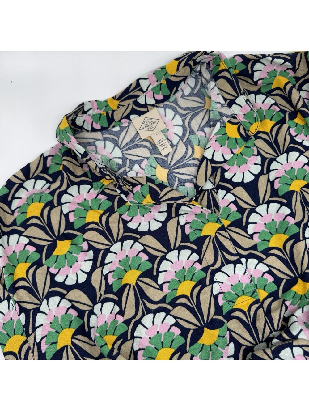 St John’s Bay Floral Dress Boho Coastal Abstract Beach Cotton Linen Blend L